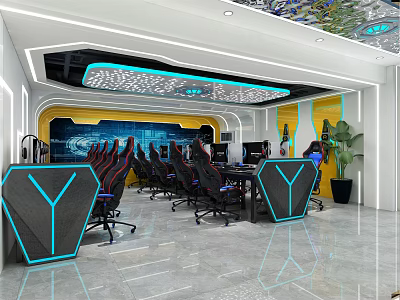 Modern Cybercafe Interior With Computers Comfortable Chairs Yellow Walls And Green Plants 3d model