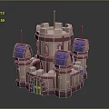 Cartoon Scene Featuring 3D Castle Towers Purple Roofs Pink and Beige Walls