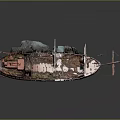 Vintage Red Sailing Ship with Rusted Masts and Weathered Wooden Deck