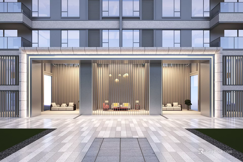 Modern Architectural Entrance Gate With Glass Facade Interior Lounge Sofa Hanging Lamps And Stone Pavement 3d model 