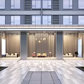 Modern Architectural Entrance Gate With Glass Facade Interior Lounge Sofa Hanging Lamps And Stone Pavement