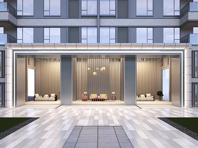 Modern Architectural Entrance Gate With Glass Facade Interior Lounge Sofa Hanging Lamps And Stone Pavement 3d model