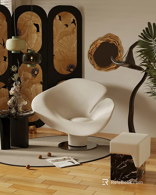 Elegant White Leisure Chair with Golden Decor Green Plants and Black Side Table 3d model 