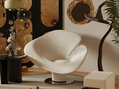 Elegant White Leisure Chair with Golden Decor Green Plants and Black Side Table 3d model