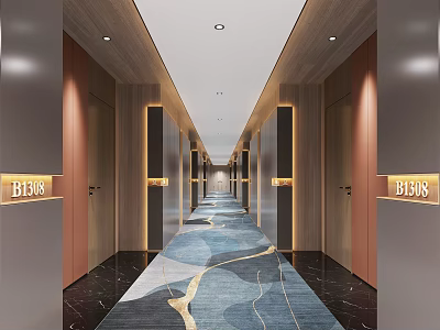 Elegant Hotel Corridor With Wooden Doors Ceiling Lights And Blue Gray Gold Patterned Carpet 3d model