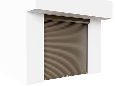 Brown Roller Shutter Security Door Installed On White Building Wall With Overhang 3d model