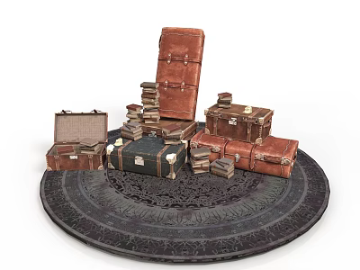 Vintage Suitcases And Stacked Books Arranged On Round Decorative Tray 3d model