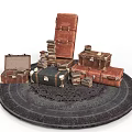 Vintage Suitcases And Stacked Books Arranged On Round Decorative Tray