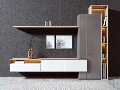 Modern TV Stand With Wooden And White Storage Cabinet Decorative Paintings And Decorations 3d model