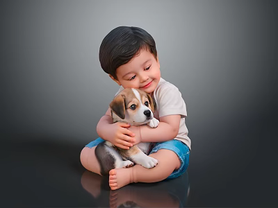 Little Boy Hugging Puppy Sitting On Black Floor Wearing White T-shirt And Blue Shorts 3d model