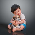 Little Boy Hugging Puppy Sitting On Black Floor Wearing White T-shirt And Blue Shorts