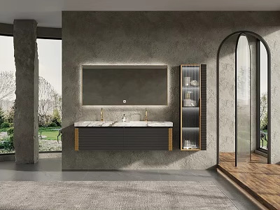 Modern Bathroom Cabinet Design With Large Mirror Double Sink And Marble Countertop 3d model