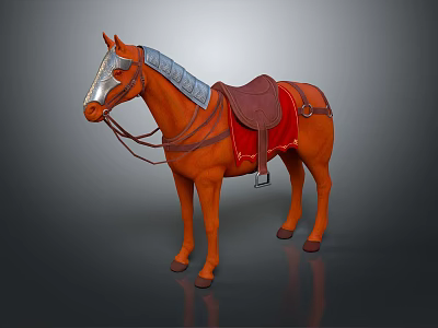 Orange Horse With Silver Bridle And Red Saddle On Gray Background 3d model