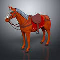 Orange Horse With Silver Bridle And Red Saddle On Gray Background