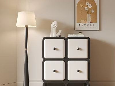 Modern Entryway Console Cabinet With White Drawers Black Frame Floor Lamp And Wall Art 3d model