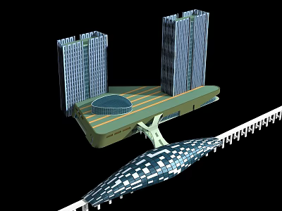 Modern Commercial Complex Featuring Twin Towers Connecting Low Rise Structure and Transportation Hub 3d model