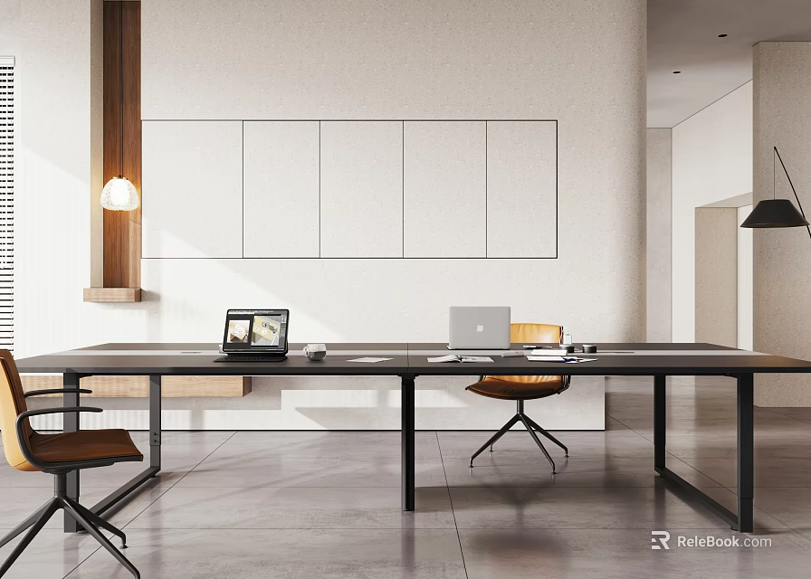 Modern Conference Table Setup With Ergonomic Chairs And Laptops In Office Space 3d model