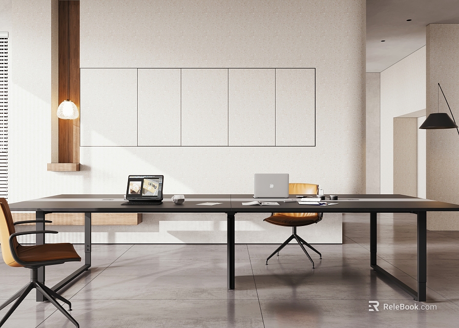 Modern Conference Table Setup With Ergonomic Chairs And Laptops In Office Space 3d model 