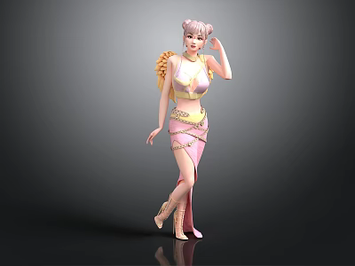 Children's 3D Character Model With Pink Hair Yellow Wings And Pink Dress Standing Pose 3d model