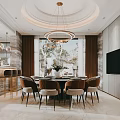Luxury Restaurant with Round Dining Table Chandeliers Floor to Ceiling Windows Marble Walls and Chairs