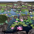 Waterfront Landscape With Pond Rocks Pink And White Water Lilies And Greenery