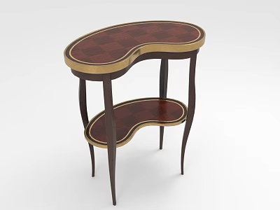 Elegant Half Moon Side Table With Red Brown Wood Gold Trim And Two Tier Shelf 3d model