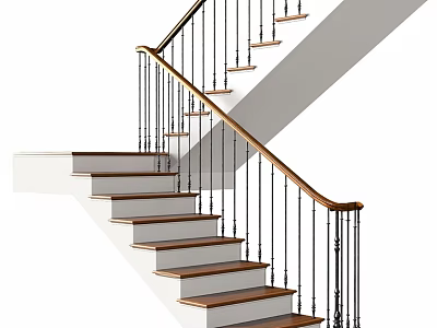 Modern Staircase Design With Wooden Steps Black Metal Railings And Wooden Handrail 3d model