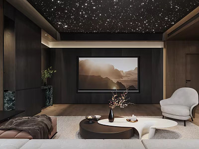 Modern Home Theater Interior With Starry Ceiling Large Screen Comfortable Sofa And Coffee Table 3d model