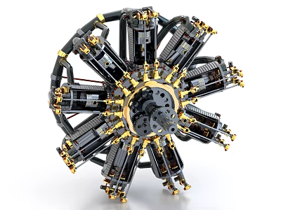 Mechanical Radial Engine With Complex Structure Multiple Cylinders And Golden Details 3d model