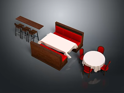 Modern Restaurant Interior With Red Booth Dining Table White Tablecloth Red Chairs And Bar Counter 3d model