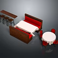 Modern Restaurant Interior With Red Booth Dining Table White Tablecloth Red Chairs And Bar Counter