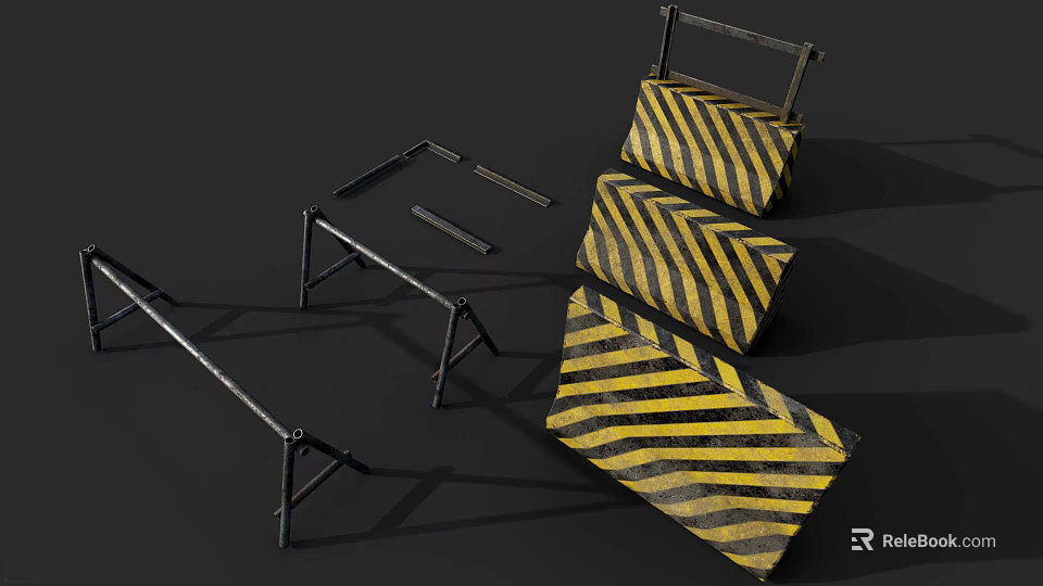 Road Safety Barriers With Yellow Black Stripes And Metal Frame Structures 3d model 