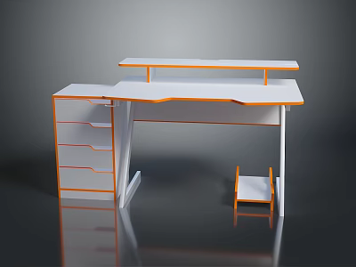 Modern Office Desk Design With White Surface Orange Trim Drawers And Attached Shelf 3d model
