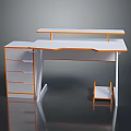 Modern Office Desk Design With White Surface Orange Trim Drawers And Attached Shelf