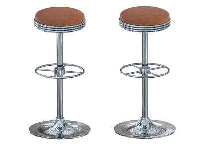 Brown Leather Bar Stools With Chrome Metal Frame Round Base And Footrest 3d model