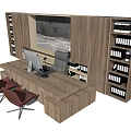 Wooden Office Desk Setup With Two Chairs Computer Bookshelves And Decorative Painting