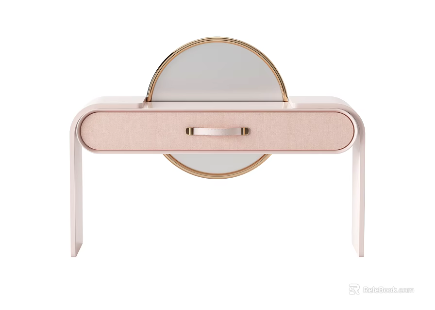 Elegant Modern Pink Dressing Table With Round Gold Frame Mirror And Drawer 3d model 