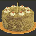 Chocolate Birthday Cake With Chocolate Shavings White Cream Red Cherries Single Candle On Orange Tray