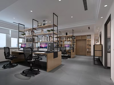 Modern Public Office Space With Open Layout Desks Computers Office Chairs And Bookshelves 3d model