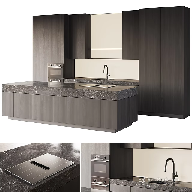 Modern Kitchen Interior With Marble Countertop Island Sink Faucet And Cabinets 3d model 