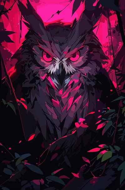 Owl Animal Painting with Vibrant Red and Pink Neon Effects Surrounded by Green Plant Elements 3d model