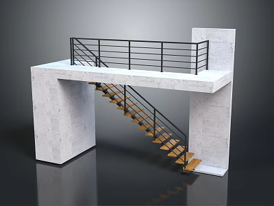 Modern Open Design Concrete Staircase With Wooden Steps And Black Metal Railing 3d model