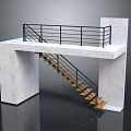Modern Open Design Concrete Staircase With Wooden Steps And Black Metal Railing