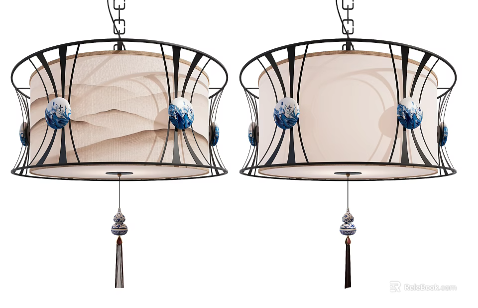 Elegant Chandelier Design With Black Metal Frame Beige Fabric Shade Blue Accent Balls Tassel Pendant 3d model 