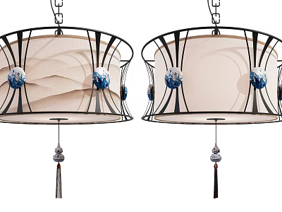 Elegant Chandelier Design With Black Metal Frame Beige Fabric Shade Blue Accent Balls Tassel Pendant 3d model