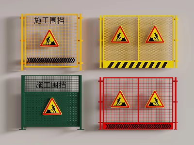 Construction Safety Barriers In Various Colors With Warning Signs And Grid Design For Worksite 3d model