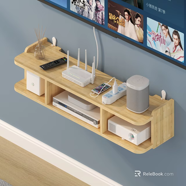 Wall Mounted Natural Wood TV Background Cabinet With Open Storage Shelves For Various Home Electronics 3d model 