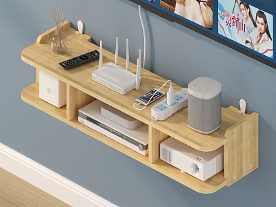 Wall Mounted Natural Wood TV Background Cabinet With Open Storage Shelves For Various Home Electronics 3d model