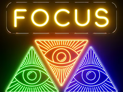 Vibrant Neon Focus Sign With Three Triangles Each Featuring An Eye 3d model
