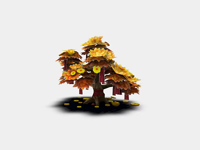 Cartoon Scene With Golden Leaf Tree Red Decorations And Scattered Gold Coins 3d model